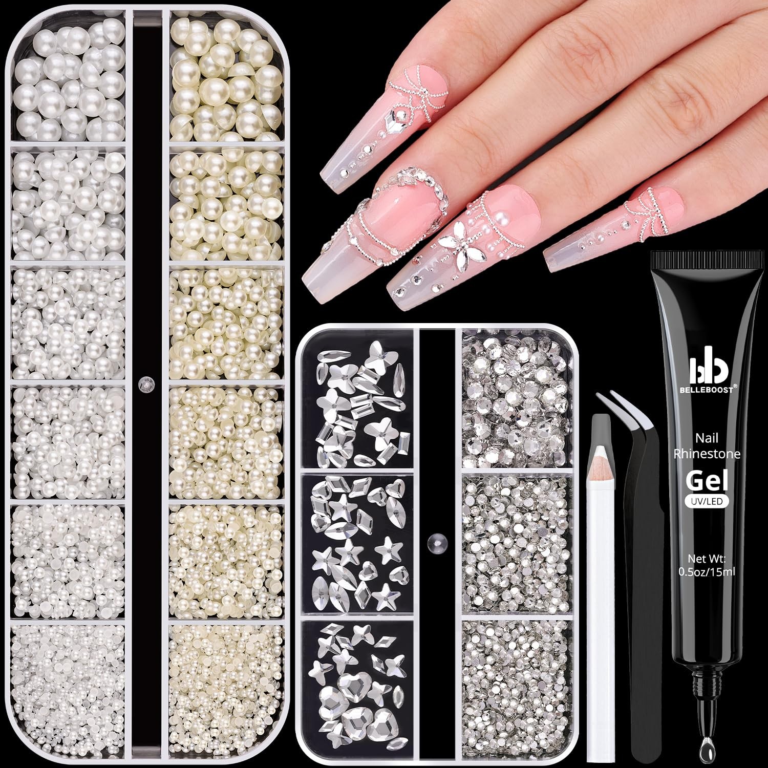 1.5Mm, 2Mm, 2.5Mm, 3Mm, 4Mm, 5Mm, 08 2 Boxes Nail Art Decos Set 22+Glue