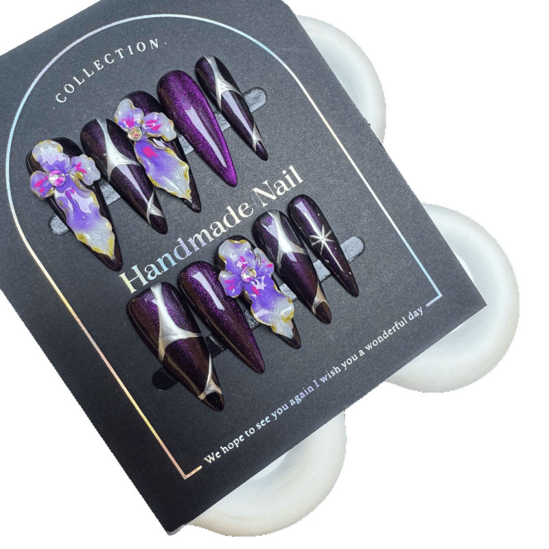 Dark Purple Iris Handmade Press on Nails Glitter 3D Flower Gothic Fake Nails