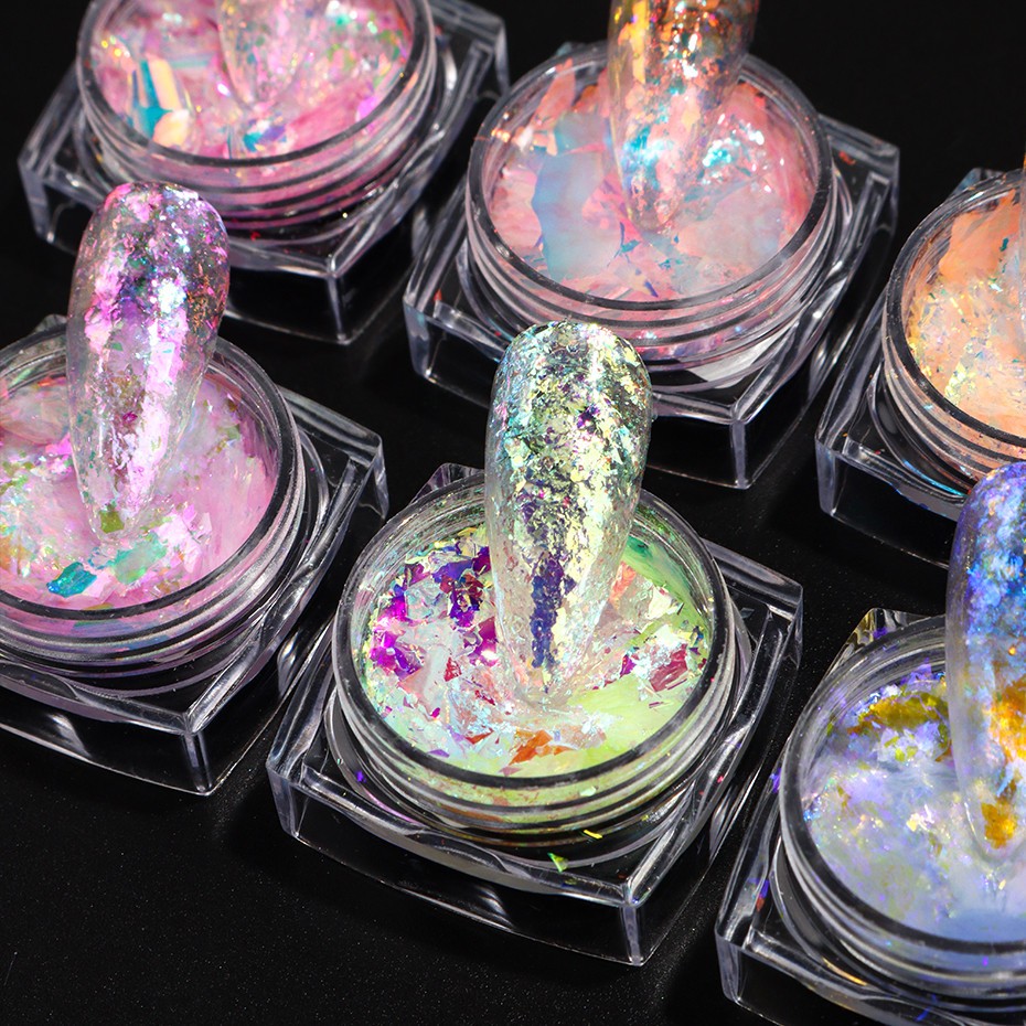 6pcs Aurora Opal Nail Glitter Flakes Iridescent Nail Pigment Crystal Mermaid Spa