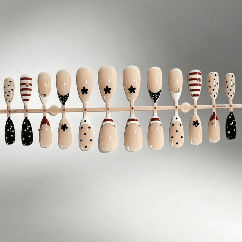 48 Pcs Stripe Dot Press on Nails, Medium Almond Nude Minimal Trendy Fake Nails