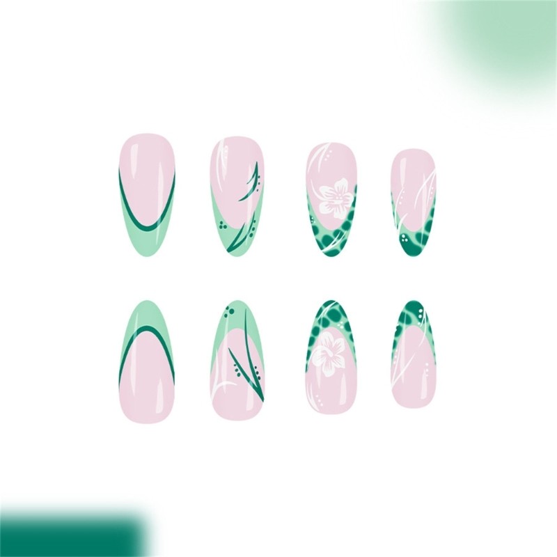 Green French Floral Press On Nail Floral False Nail Middle Length