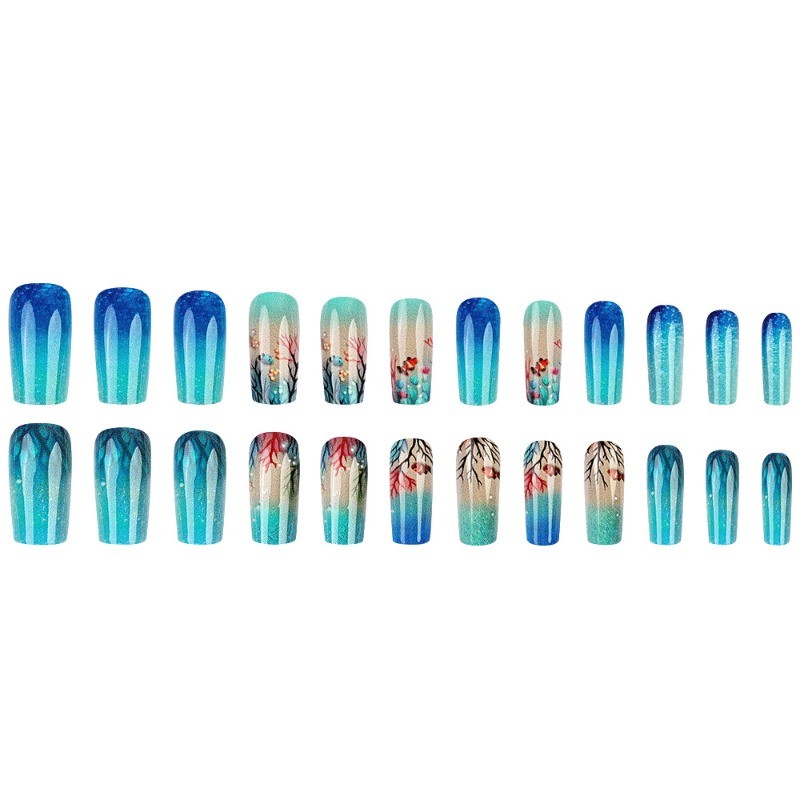 48pcs-Underwater Press on Nails, Blue Ombre with Coral, Fish and Glitter Accents