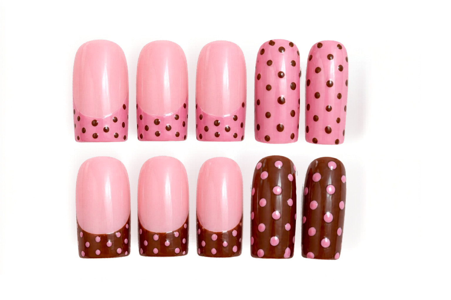 Pink Chocolate Polka Dot French Tip Press-On Nails | Glossy Handmade Reusable