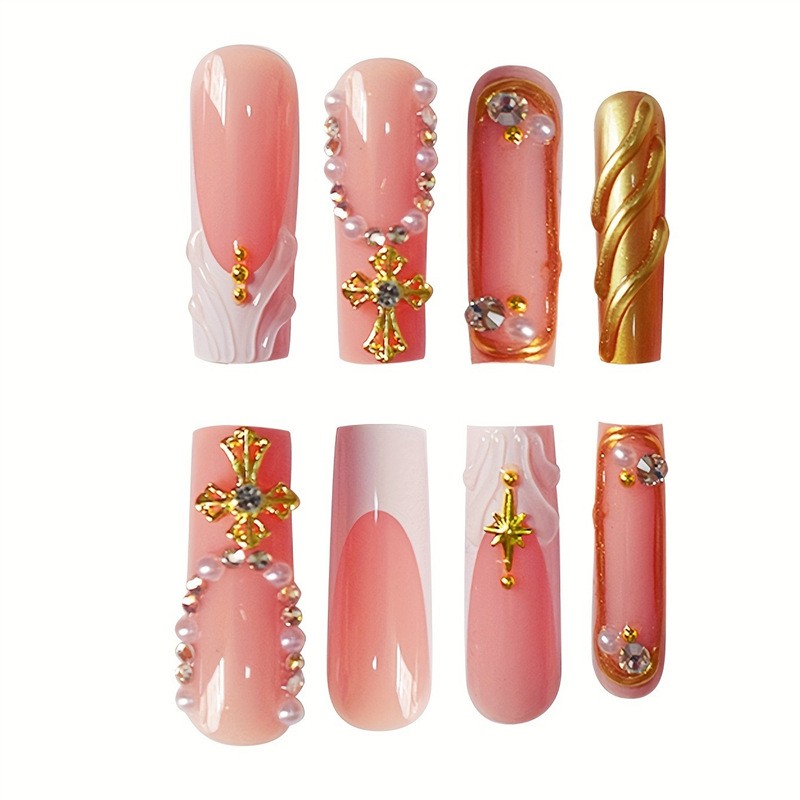 Long Square Gold Nails 3D Water Ripple Cross Rhinestone Press On Nails