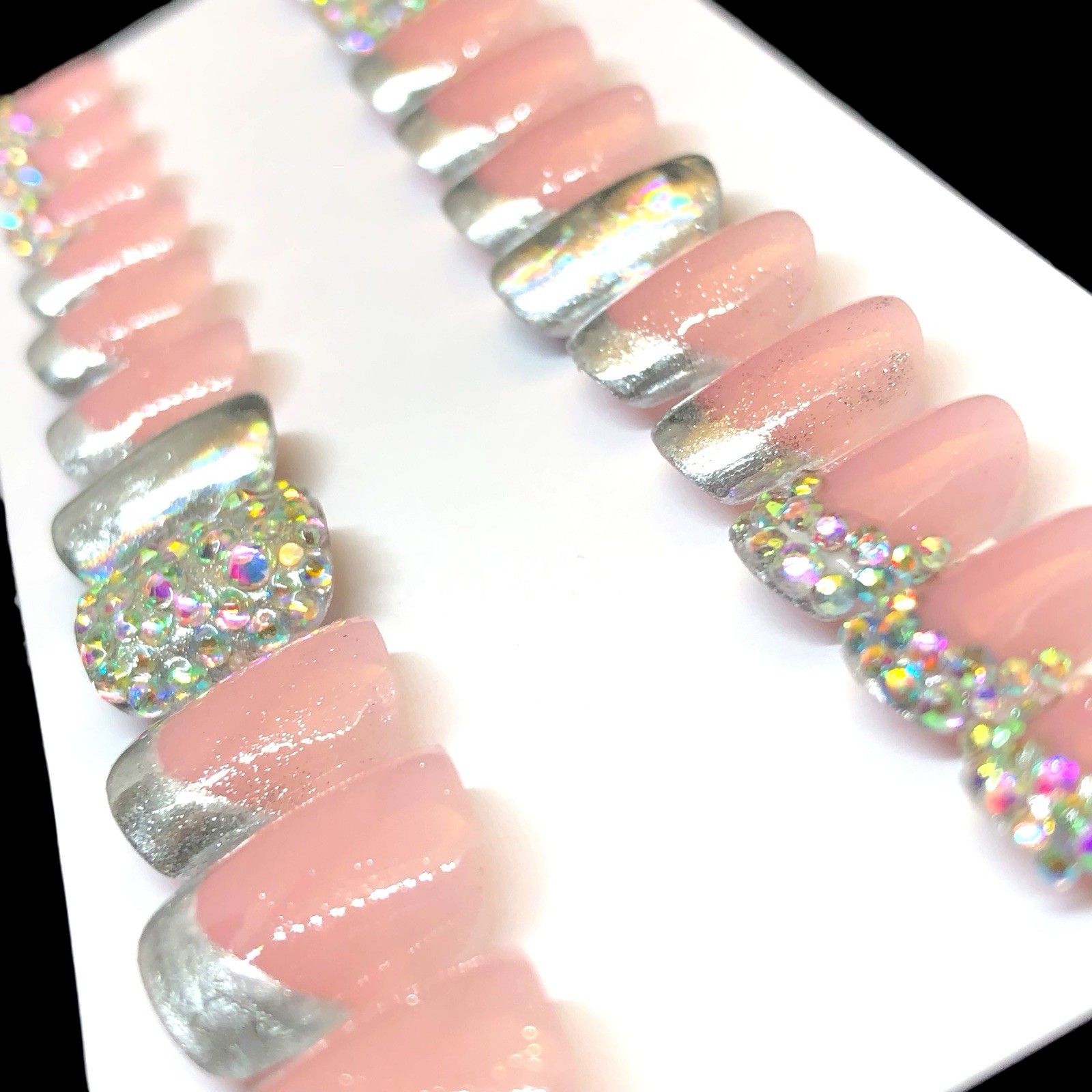 Handmade Custom Press on Nails UV Gel Short Square Pink & Silver Nails Bling