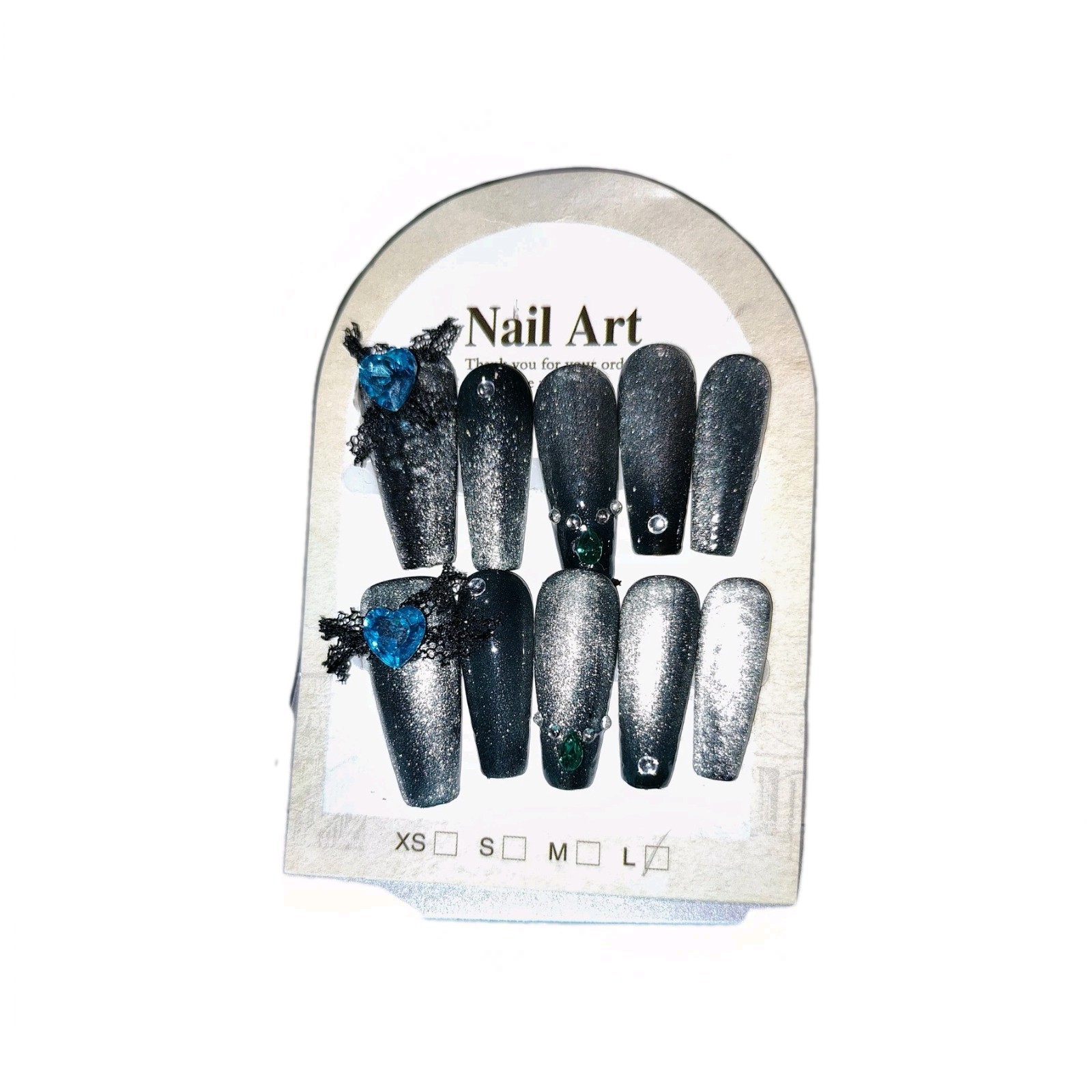 Black Silver Cat Eye Glitter 3D Gemstone Long Coffin Press-On Nails Full Cover