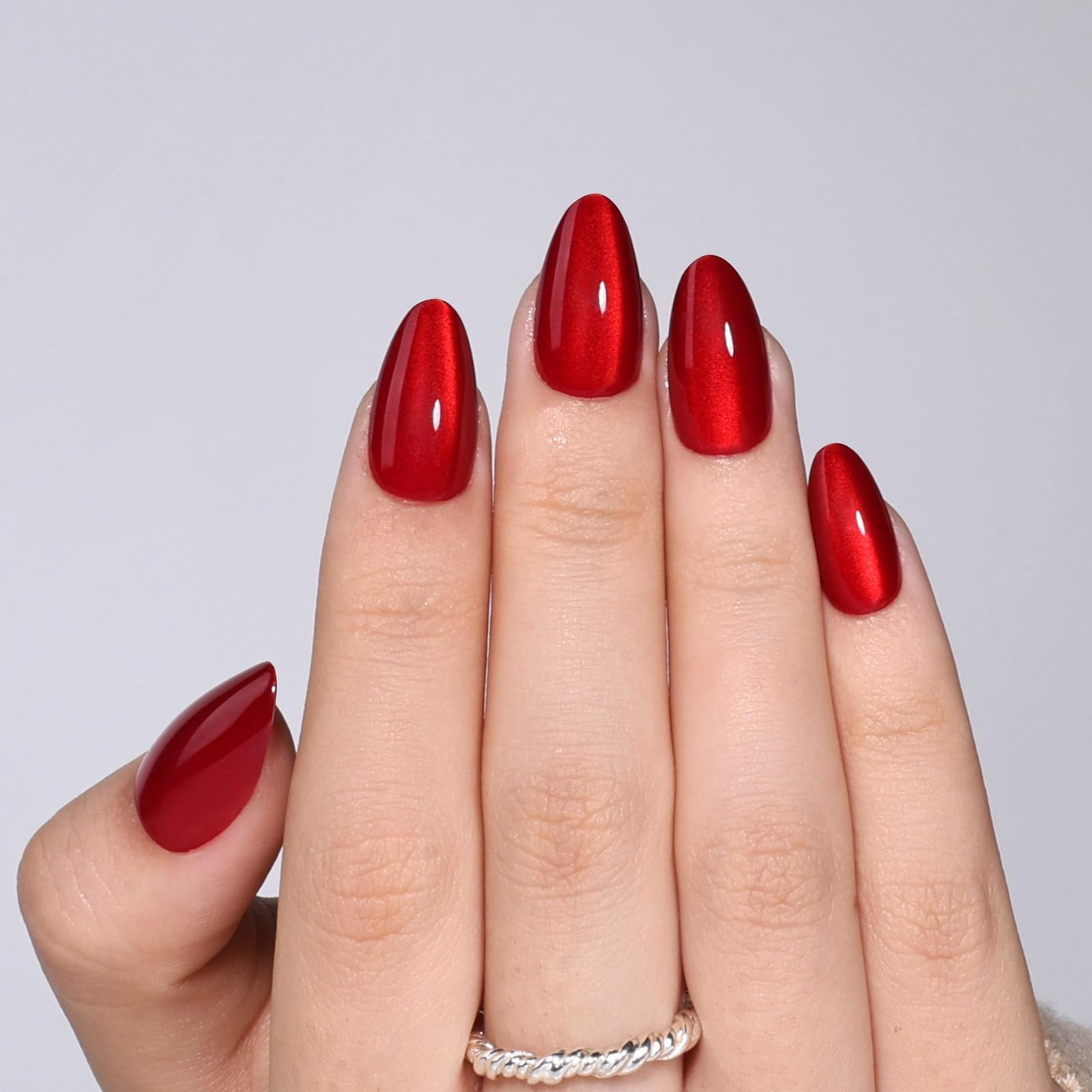 Cherry Red Cat Eye Press On Nails, Short Almond Reusable Nails | Includes 32 …