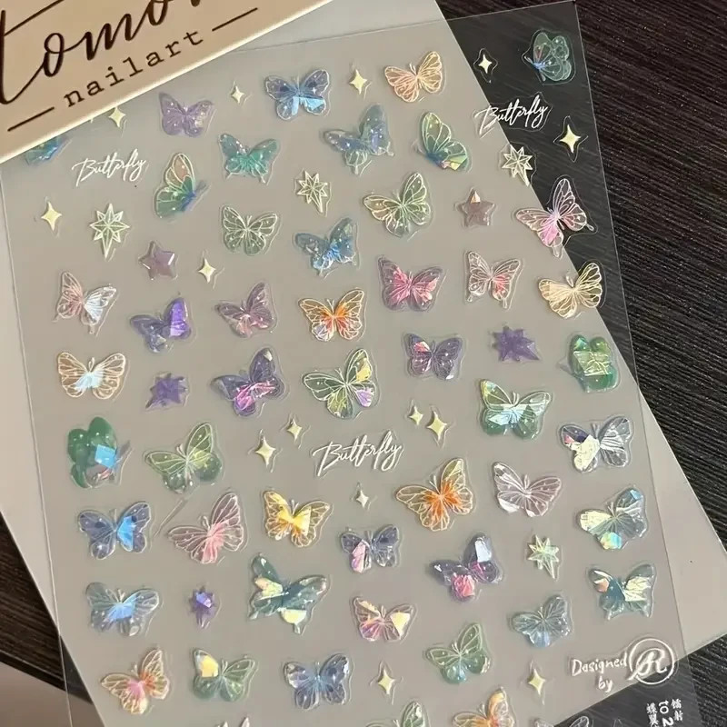 Nail Art Stickers Butterfly Iridescent Glitter Holographic Transparent Decals