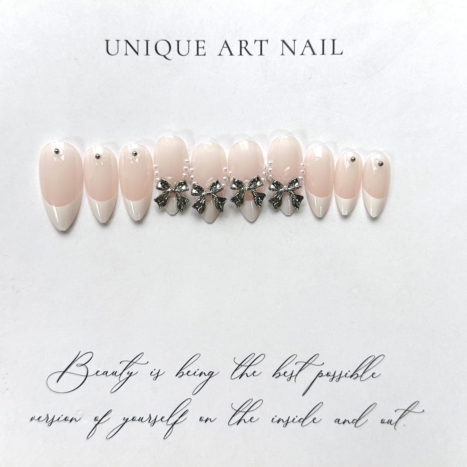 French Tip Almond Glue on Nails – Medium Length False Nails with Silver Bow P…