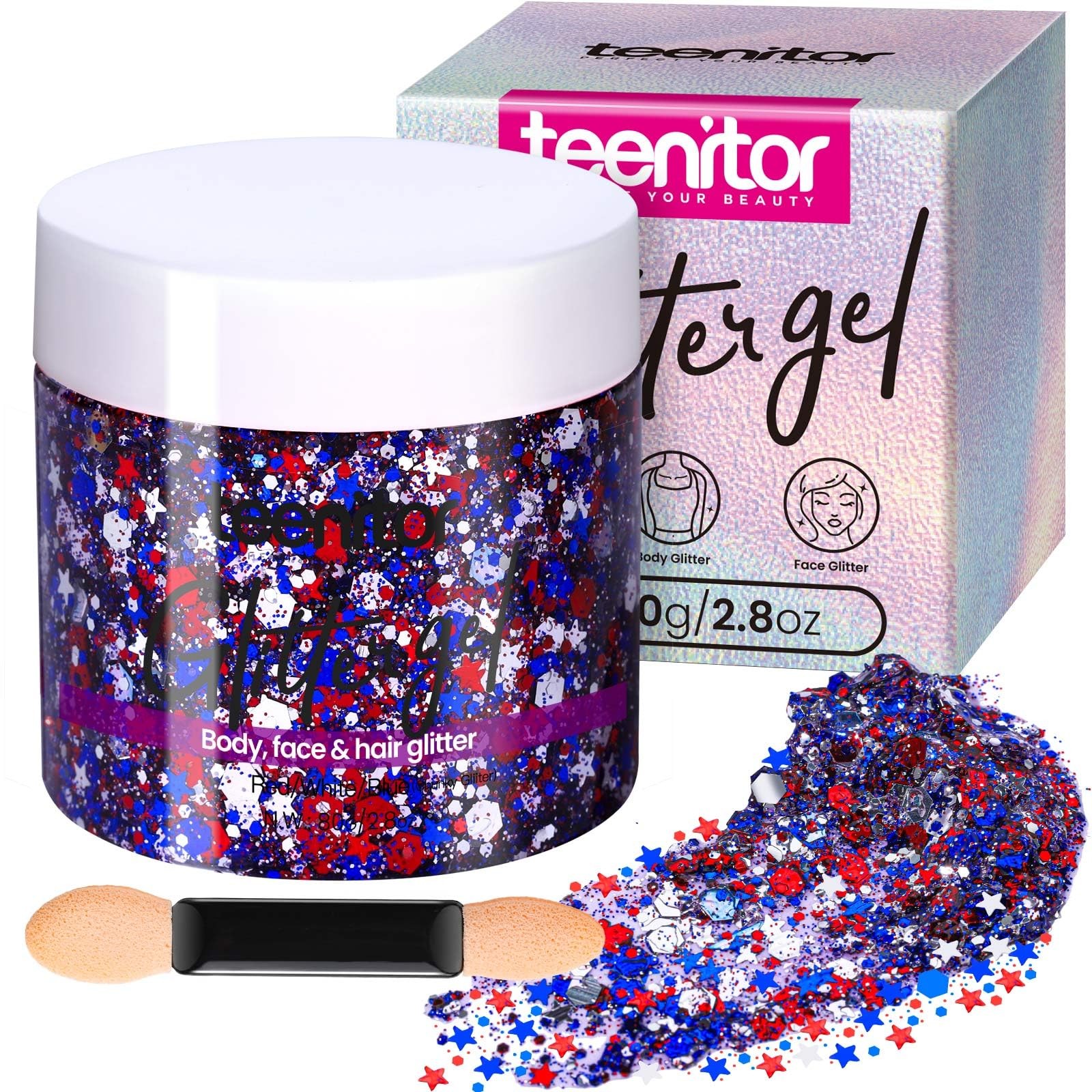 80g Red White and Blue Body Glitter Face Glitter Gel, 4th of July Accessories…