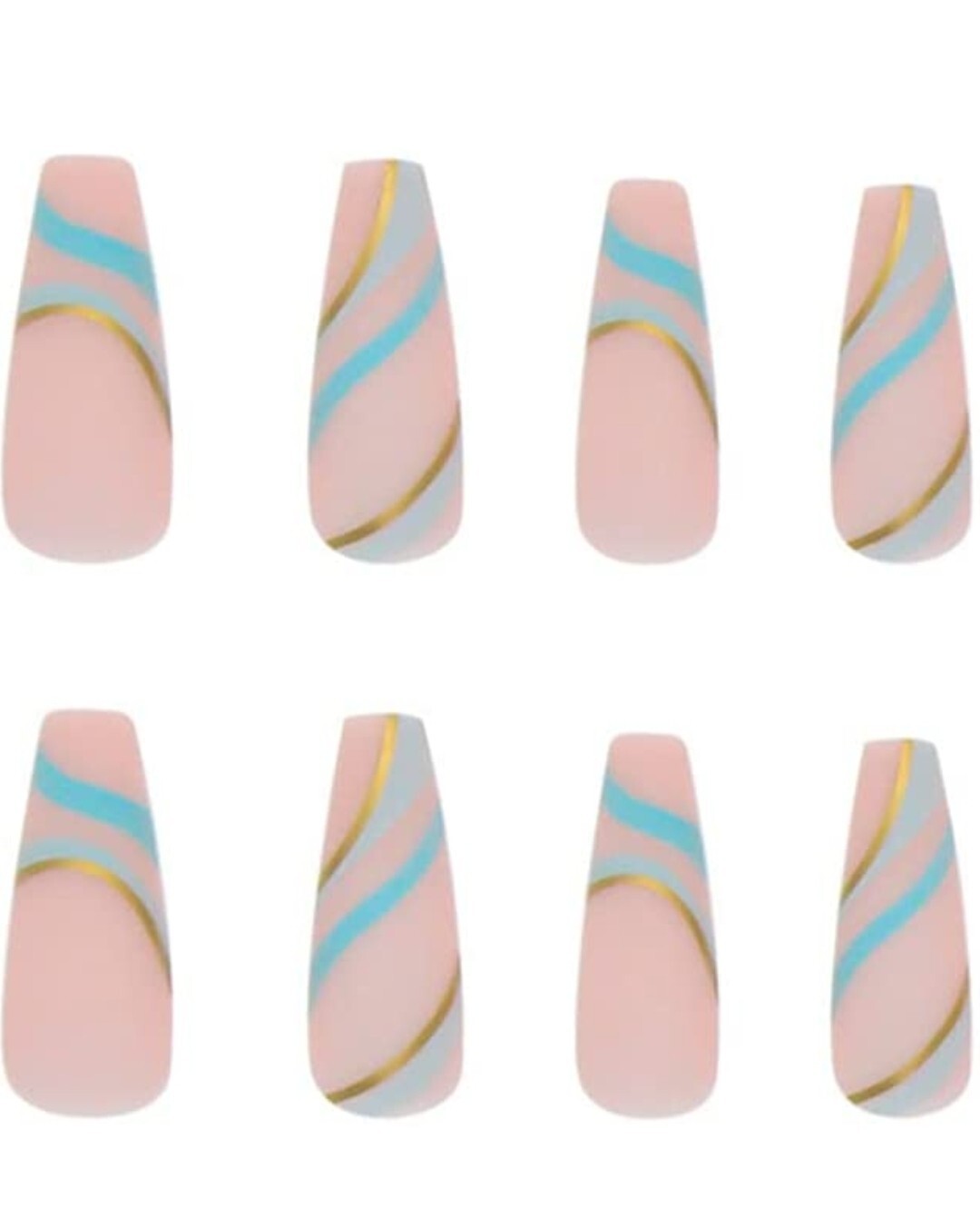 24 Long Nude Turquoise swirl gold Press on nails set matte coffin blue green