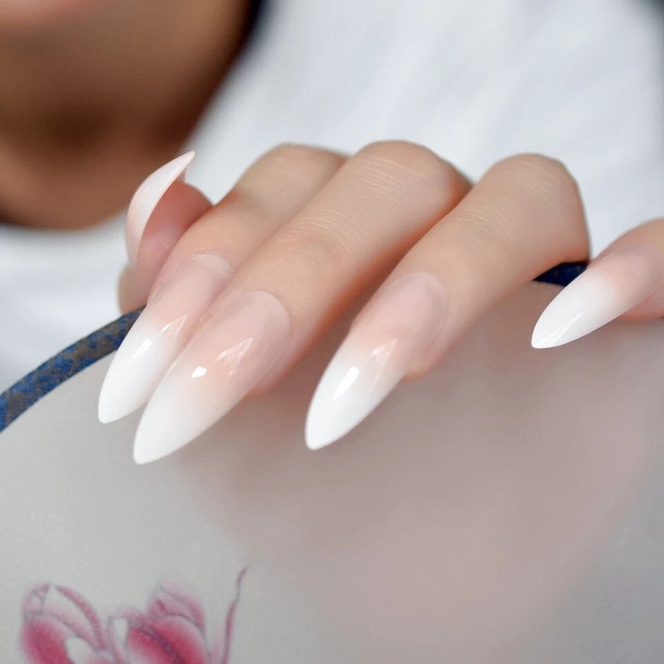 24 Press on nails Kit w Glue Long stiletto Ombre French white nude vampire goth
