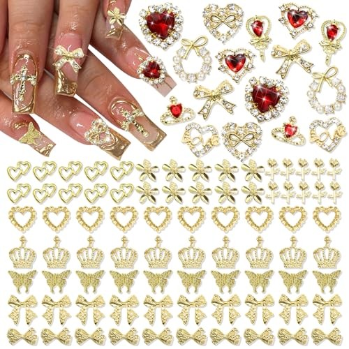 96PCS Gold Bows Nail Charms Red Heart Gems Nail Art Charm Nail Jewels Gold&Red