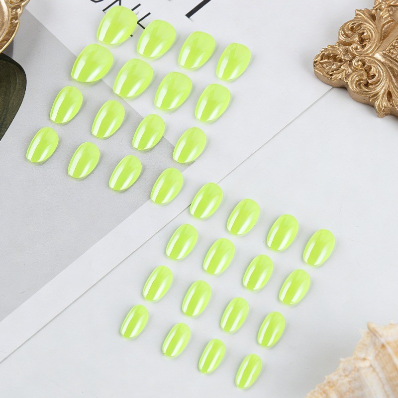 64pcs-Bright Yellow Green Press on Nails, Short Oval Neon Solid False Nails
