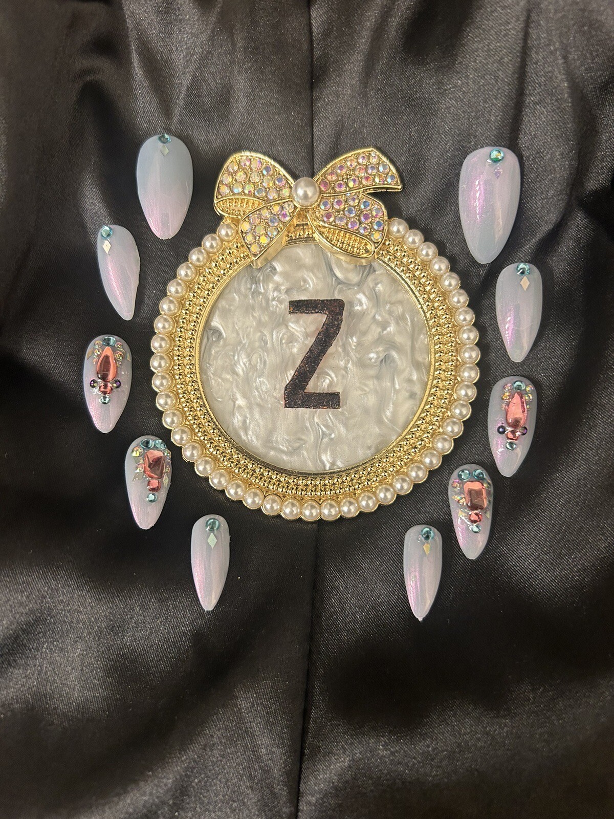 Z NAILZ! Handcrafted Pink/Blue Iridescent M Coffin W/Bling Press On Nails