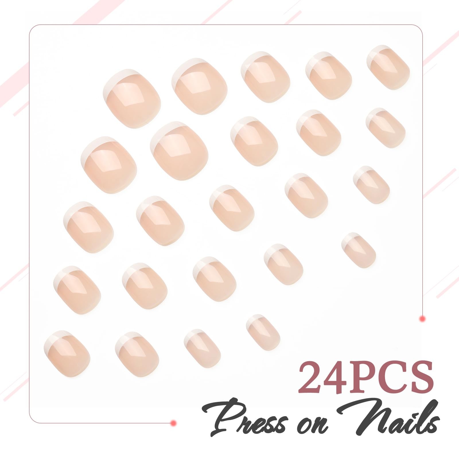 Real Short Thin French Tip Press on Nails Squoval Clear Nude Fake Nail Art Wh…