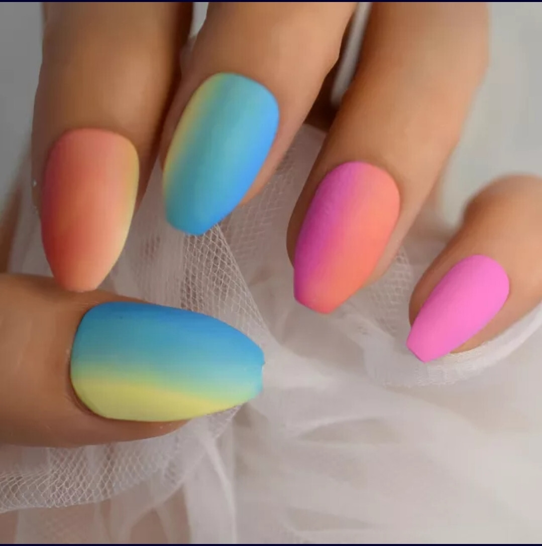 24 Medium Press on nails kit w glue matte pink blue orange ombre candy neon