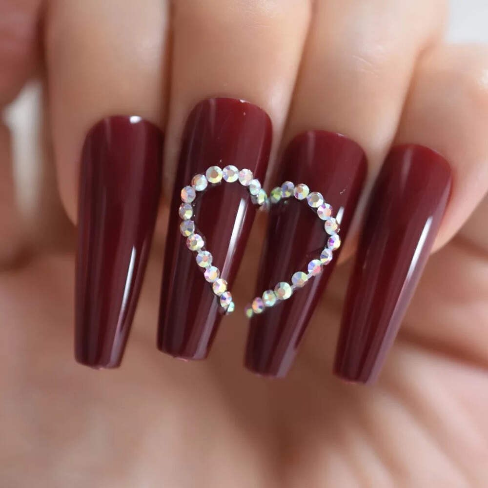 Red Burgundy 3D Crystal Coffin Ballerina Extra Long Rhinestones Press On Nails