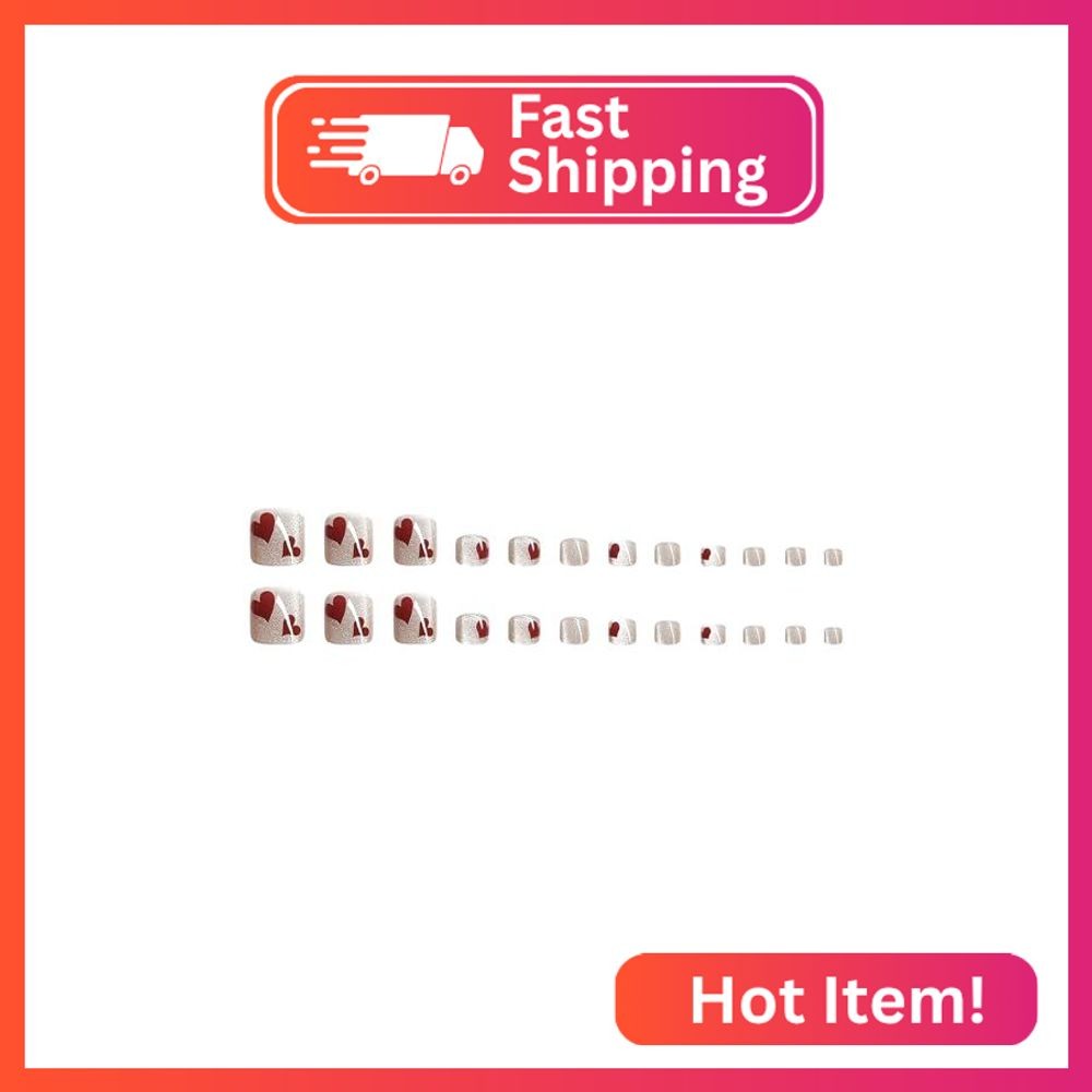 24Pcs Cat Eye Press on Toenails Short Square Fake Toe Nails Red Heart Design Fal