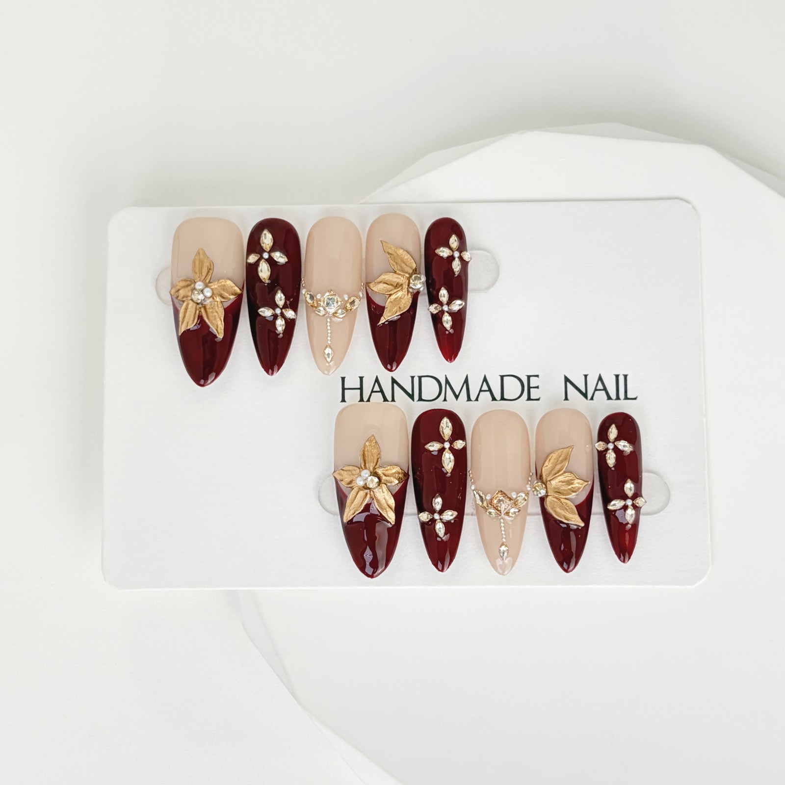 Vintage Gold Maple Leaf Red Press-On Nails with Pearls & Rhinestones Long Almond