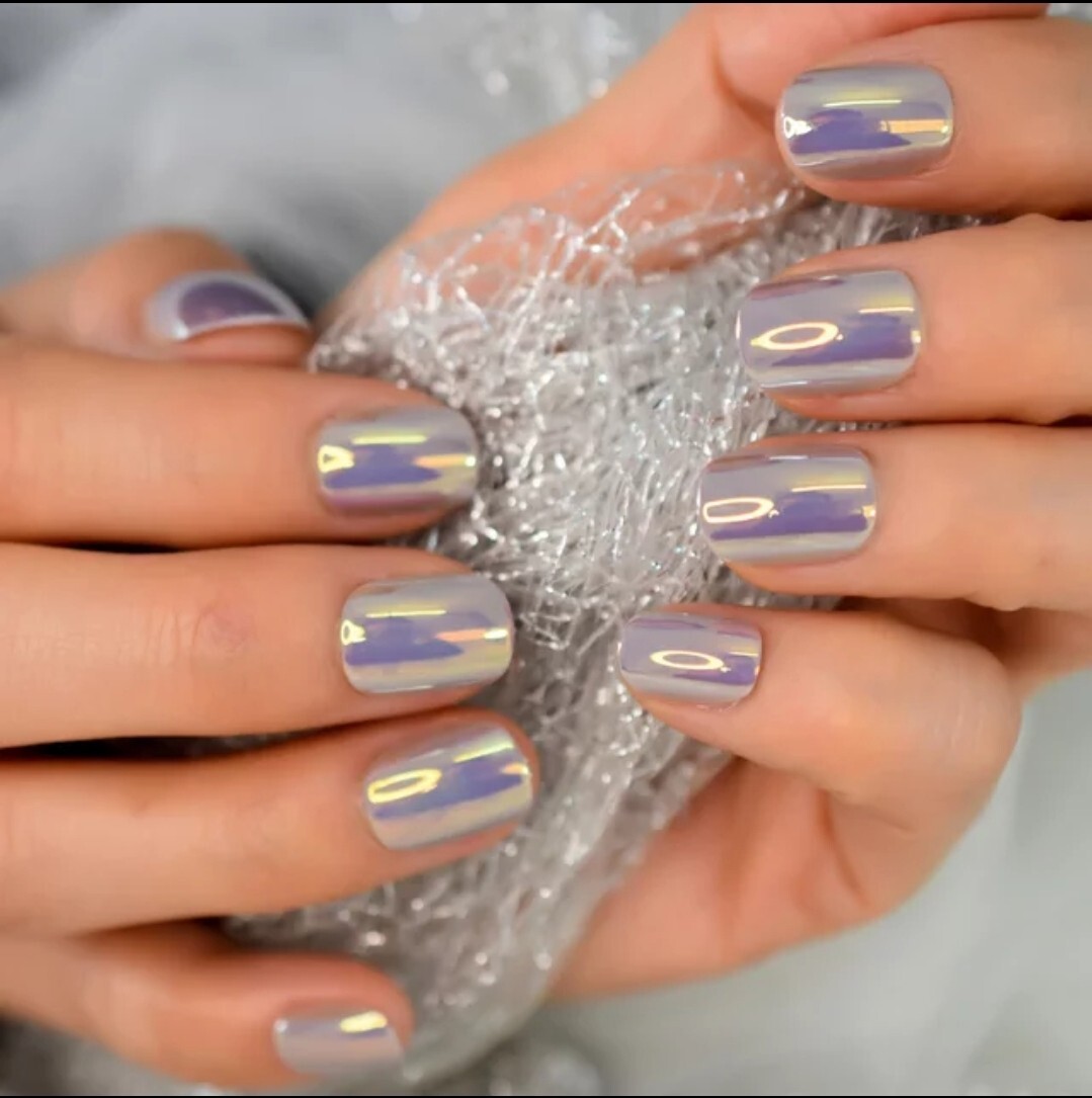 24 short Chrome ethereal press on nails kit holographic angelic fantasy multi