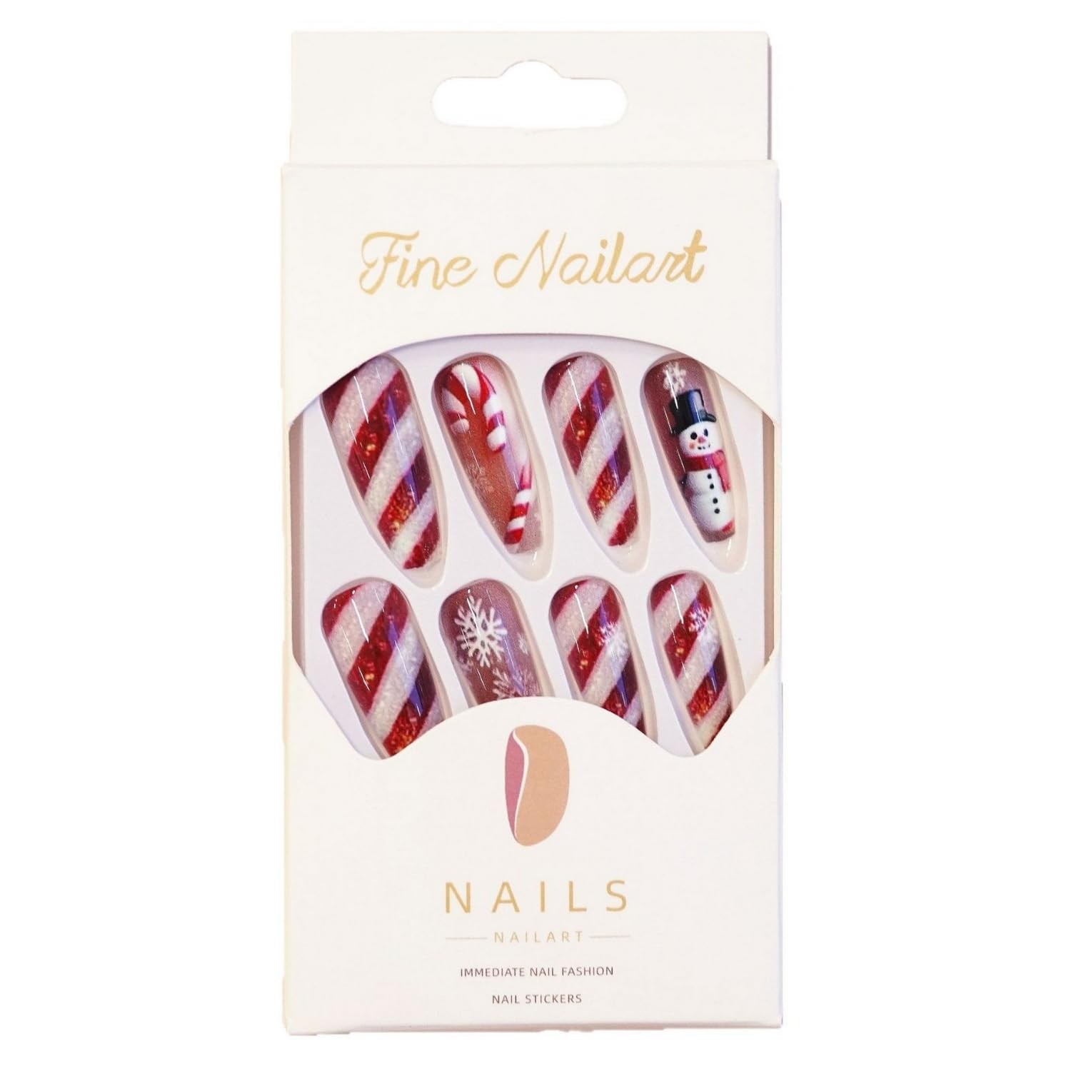 Christmas Press on Nails Glitter Red White Stripe Winter Fake 1, Style 16