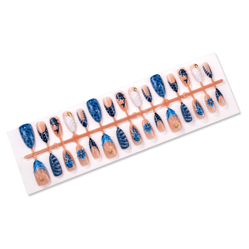 60pcs Almond Press on Nails, Blue Ocean Creature Shell Gradient Gloss Nails