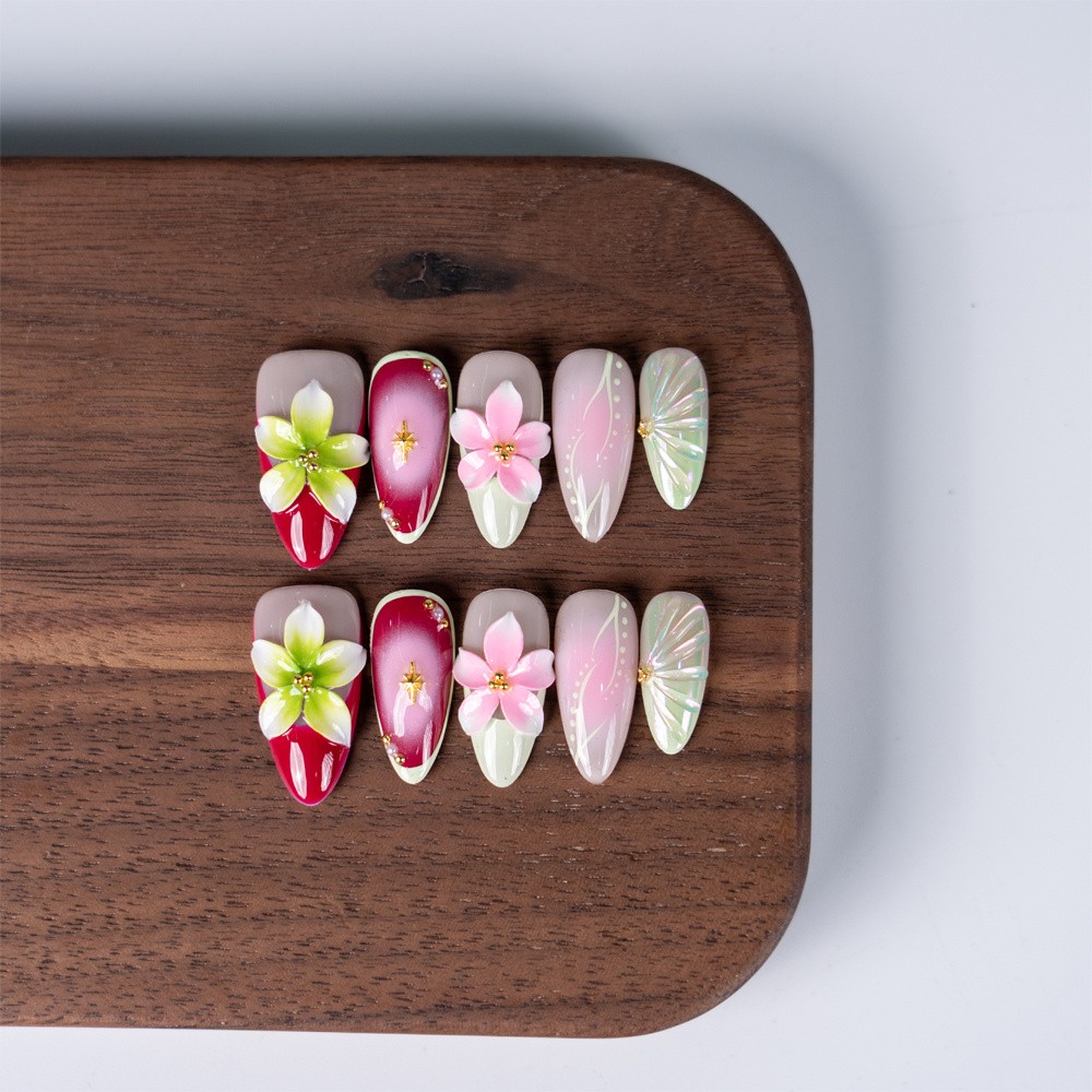 10pcs Red Pink Green Gradient Nails 3D Flower Butterfly Glossy Party