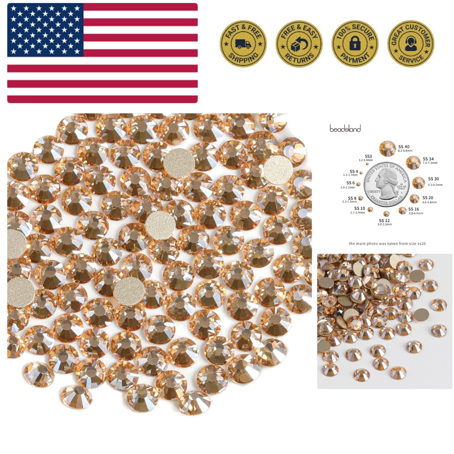 Flat Back Crystal Rhinestones Round Gems for Nail Art and Craft Glue Fix, Gol…