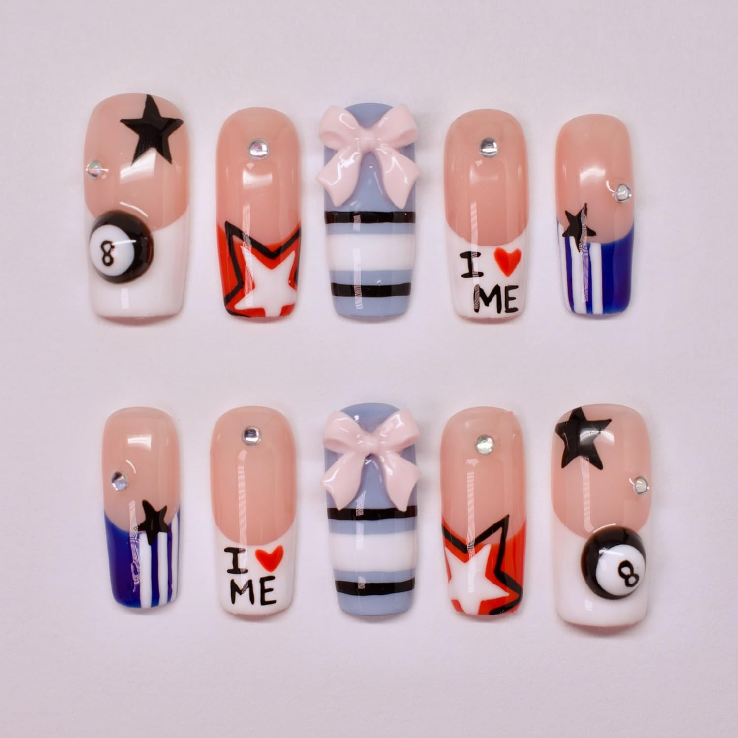 30Pcs Summer Beach Press on Nails Short Almond Fake Nails 3D Shell Starfish ＆Gol