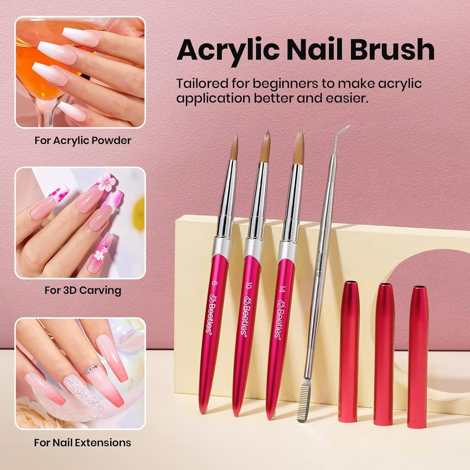 Professional Acrylic Nail Brush Set 3 Sizes with Steel Comb for Easy Cleaning