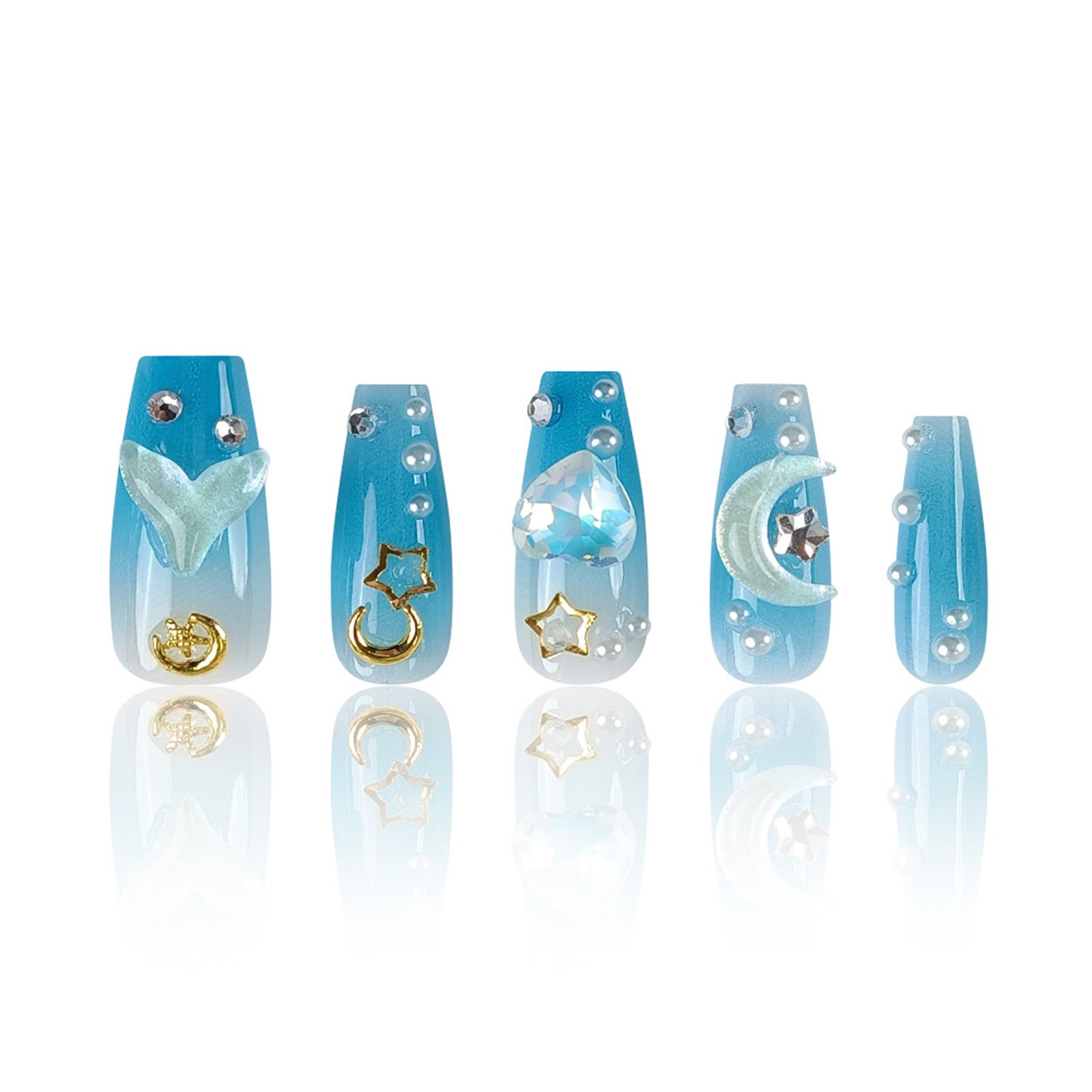 Nail Art Stickers 3D Heart Blue Icy Clear Ocean Moon Collection 10-Piece Set