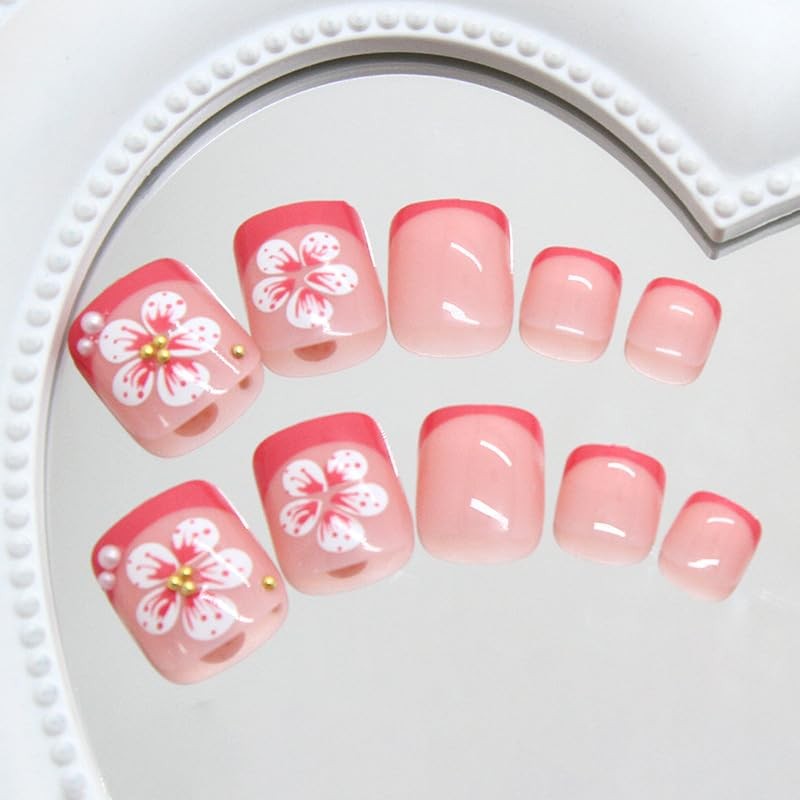 Pink French Tip Press on Toenails Flowers Fake Toe Nails Short Full Cover A16