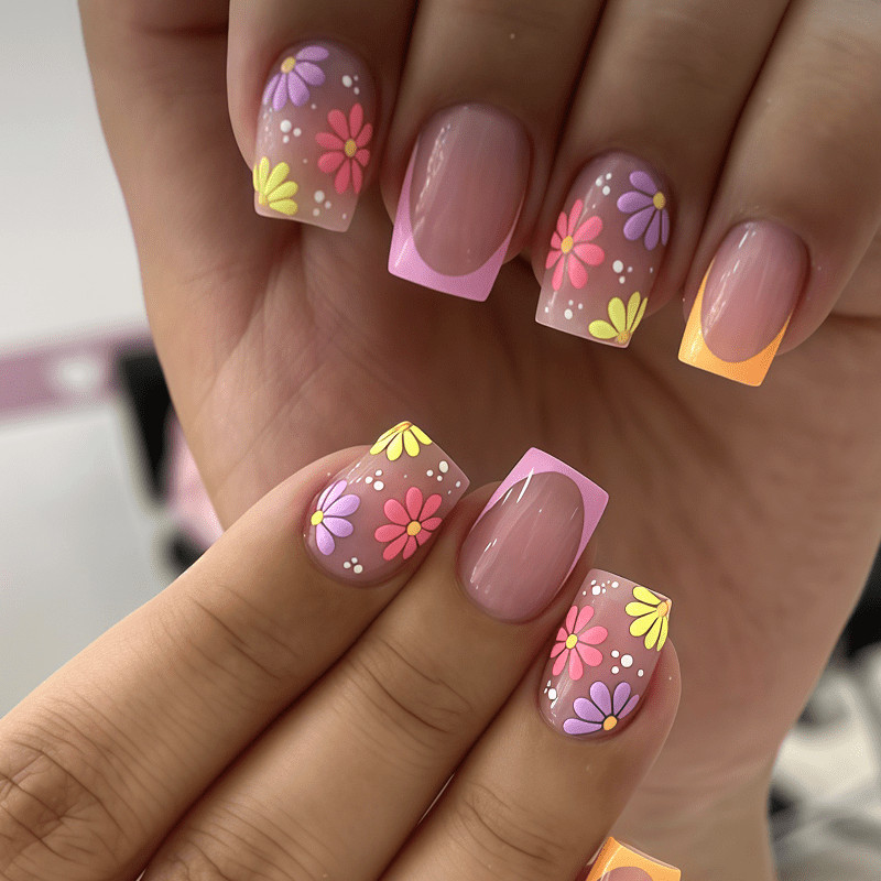 48Pcs-Short Square Multicolor French Bright Daisy Summer Press on Nails