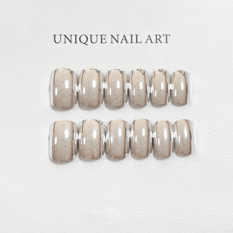 48Pcs-Short Square Silver Mirror Chrome Full Cover Press on Nails