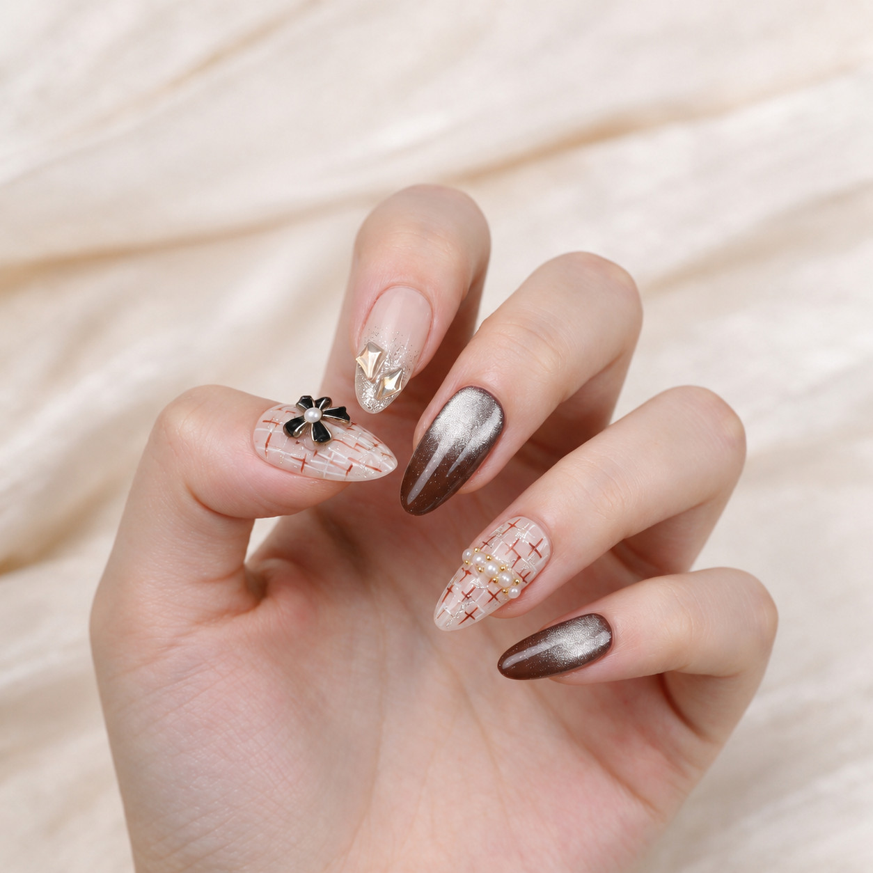 Medium Almond Press On Nails Nude Brown Plaid Bow Pearl Glitter Party Nail Set