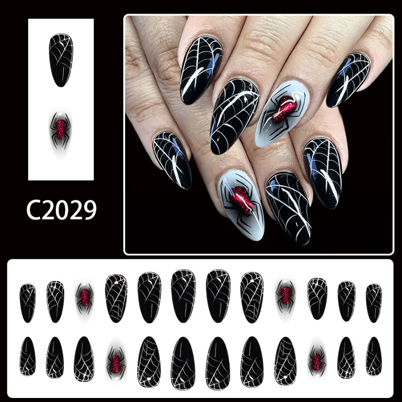 48Pcs-Long Almond Halloween Black White Red Glitter Spider Web Press on Nails