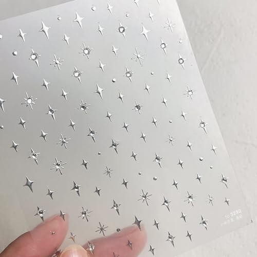 1Sheet Silver Star Nail Decals 5D Embossed Self-Adhesive Diamond Star y2k star