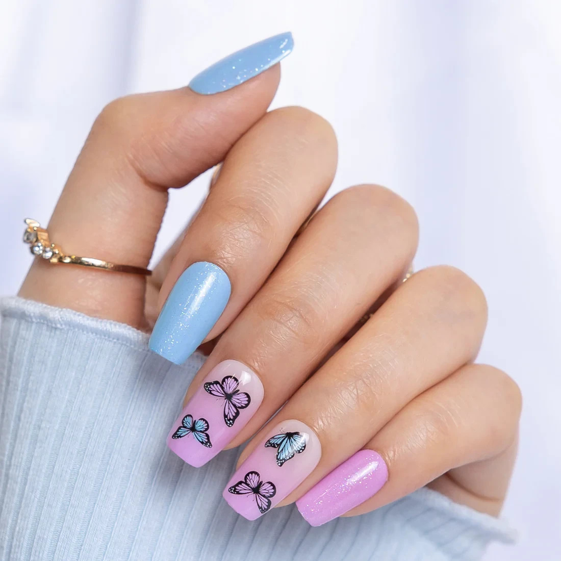 Red Aspen Press On Nails- Bluebells & Butterflies, Birdie Coffin Medium