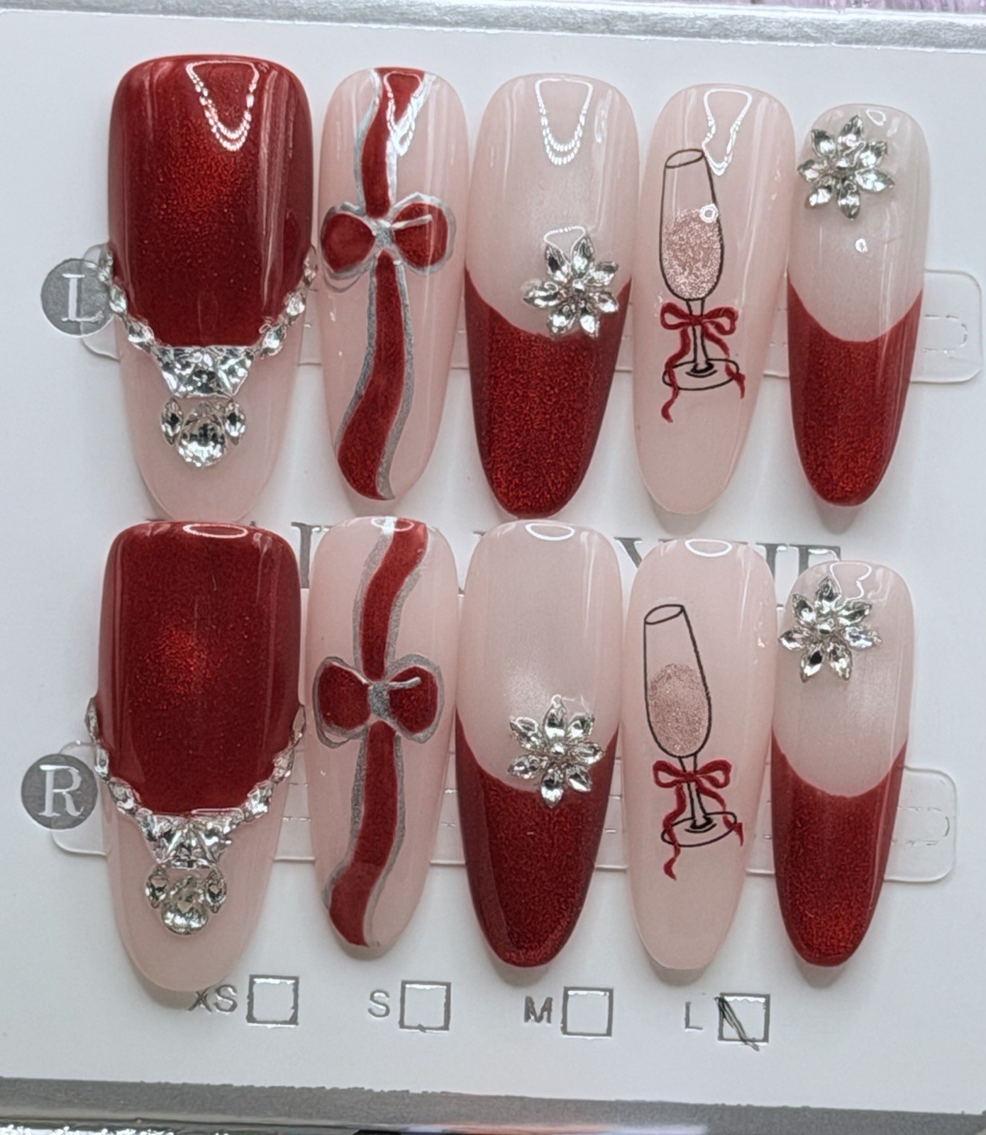 10 Pcs Handmade Valentines Day Long Stiletto Nails Bows 3D Rhinestones Champagne