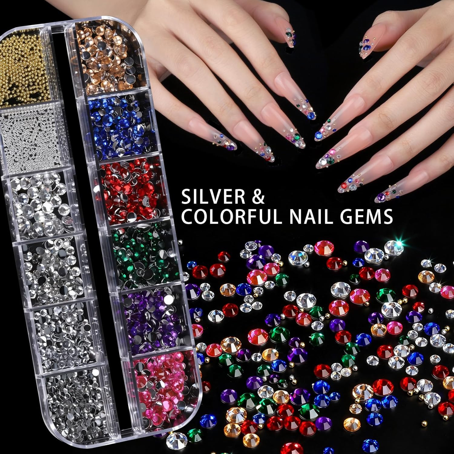 Nail Art Charms and Gems Set with Rhinestones, Brushes, Stickers, and Pearls