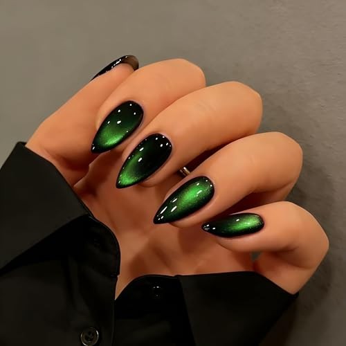 Cat Eye Press On Nails Almond – Dark Emerald Green Press On almond black teal