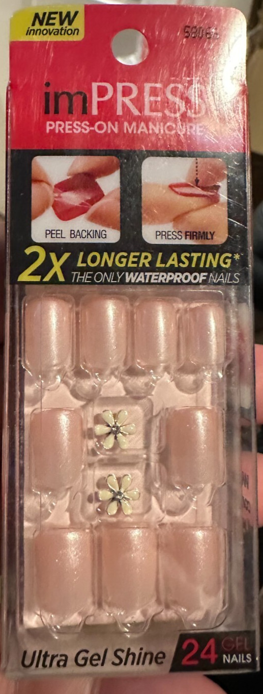 Impress Gel Manicure Press on Nails Short Metallic Shine Pink w/ flower charm