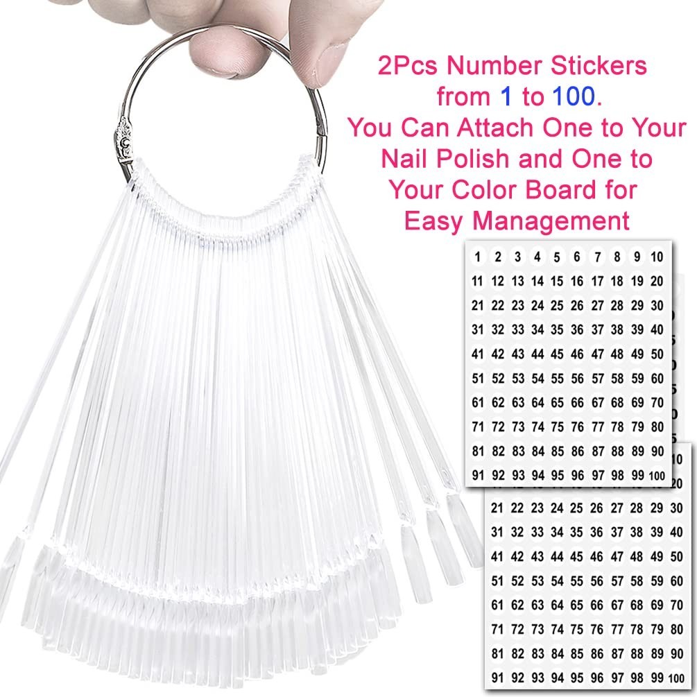 100 Pcs Transparent Fan-shaped Nail Swatch Sticks with Metal Split Ring