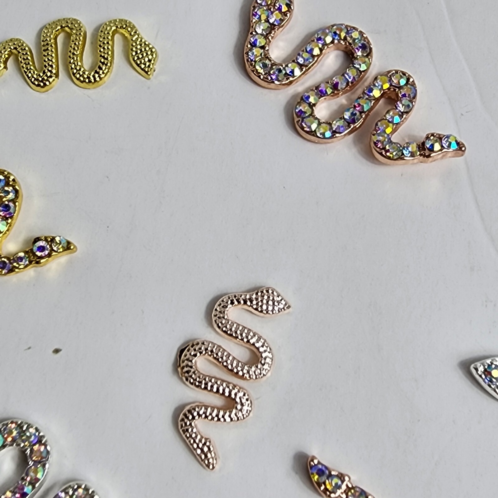 24 3D Metal Snake Nail Art Charms Gold Silver Black Snake Rhinestone Gems Decor
