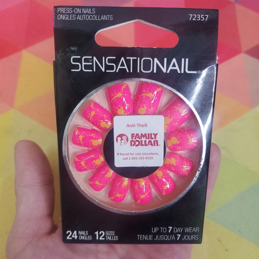 SensatioNAIL Press On Nails ~ #72357 Neon Pink W/Yellow Paint Splatter~24 Nails