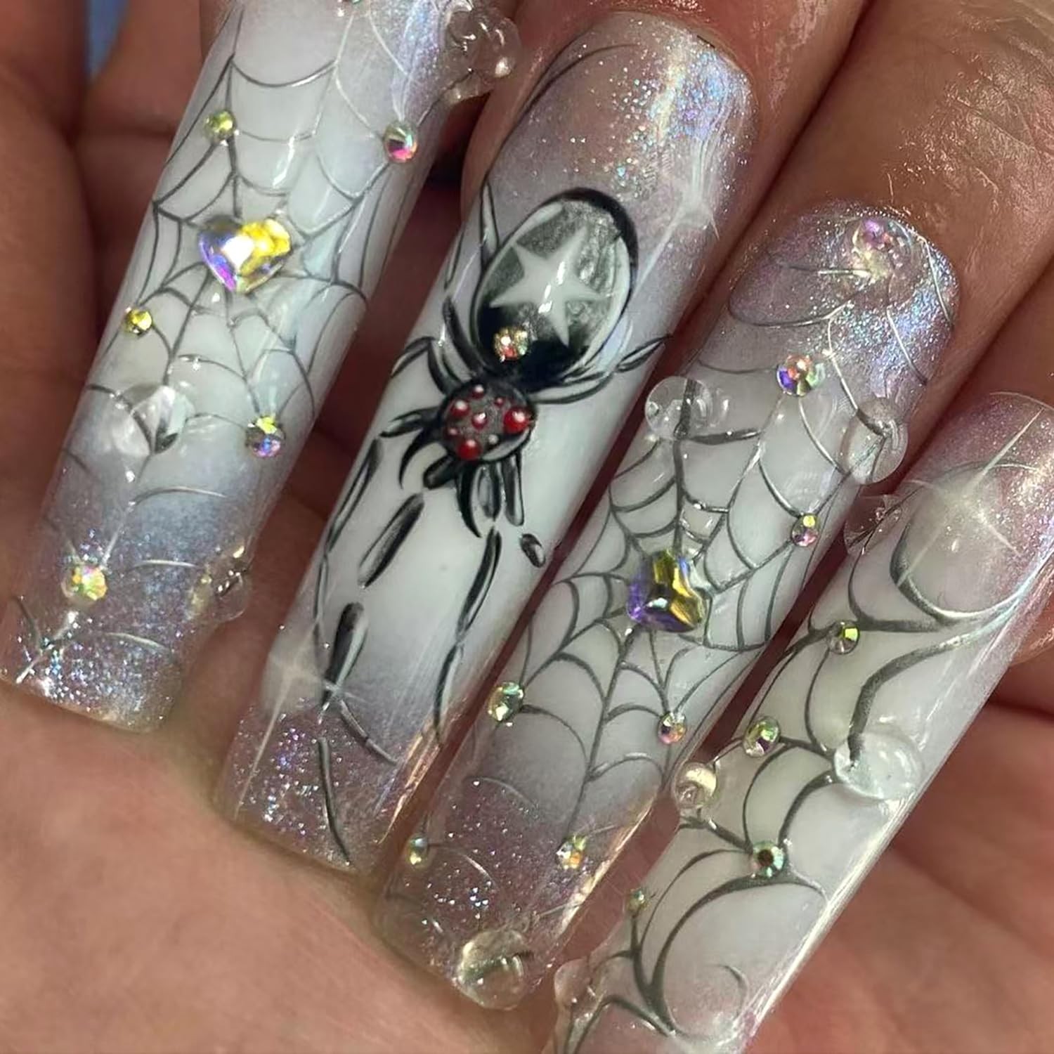 Vopintpy Halloween Press on Nails Silver Spider Web Fake Multicolor