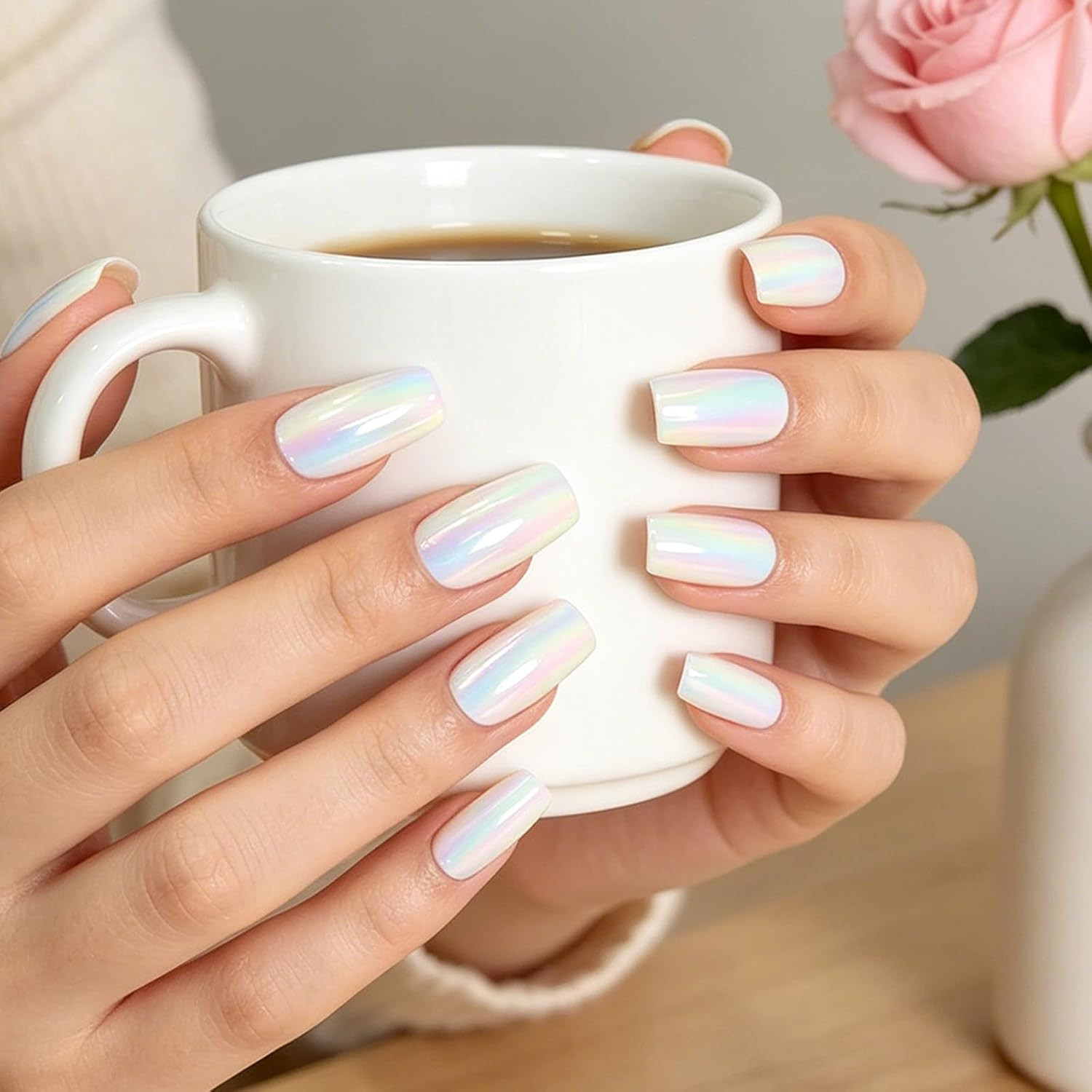 Press on Nails Glossy Dark Rose Pink False Nails Medium Length Squoval Nail Art