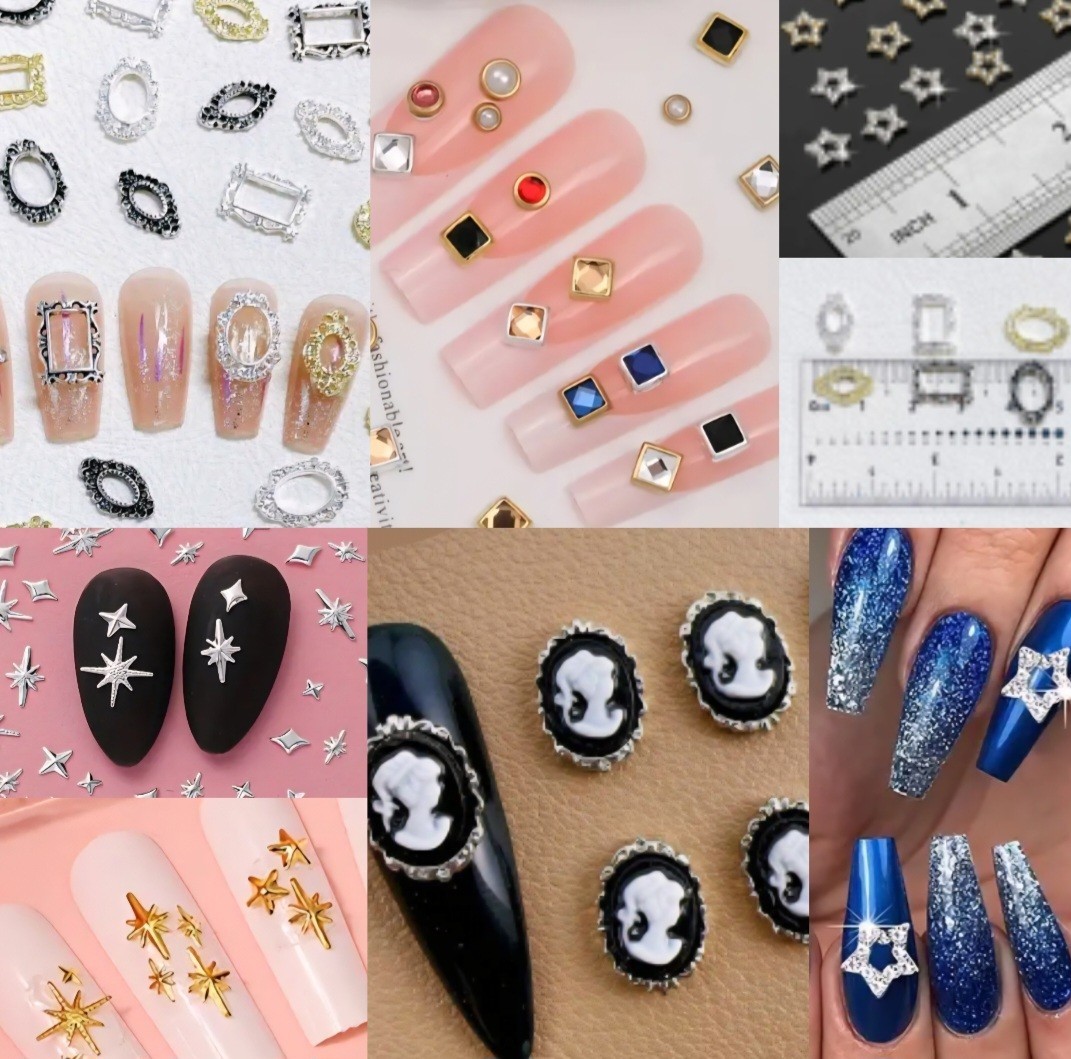 30 Pieces 3D Nail Art Charms Stars Frames Gems Silver Gold Cameo Hearts Bling
