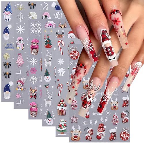 6Sheets Christmas 5D Embossed Nail Art Stickers Set, Shiny Cute Cute Christmas